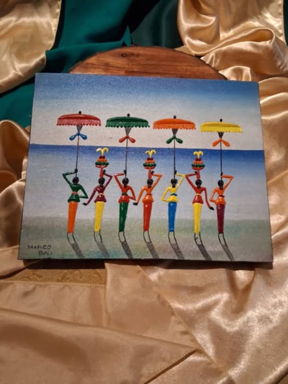 Vintage Bali Balinese Beach Scene Mixed Media 3D Textured Art Painting